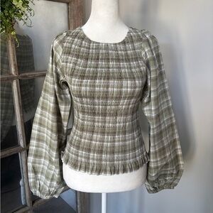 ASOS DESIGN Women’s Shirred Slash Neck Blouse in Green Checkered - Size S
